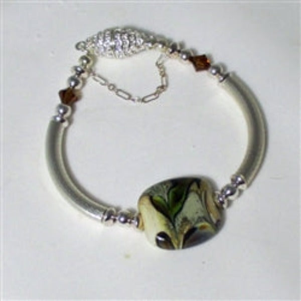 Beige and Brown Lampwork Bead Silver Bangle Bracelet - VP's Jewelry