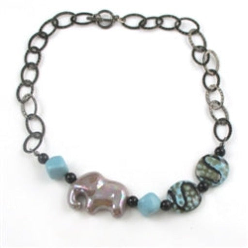 Gray African Elephant Kazuri Necklace with Gun Metal Accent - VP's Jewelry