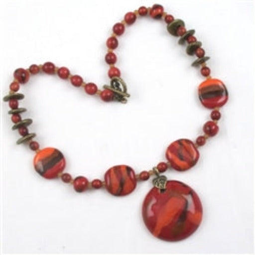Red Bead Necklace Handmade Kazuri with Red Pendant - VP's Jewelry