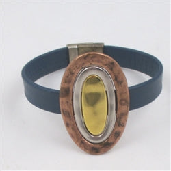 Blue Leather Bracelet Tri-colored Ringed Accent - VP's Jewelry 