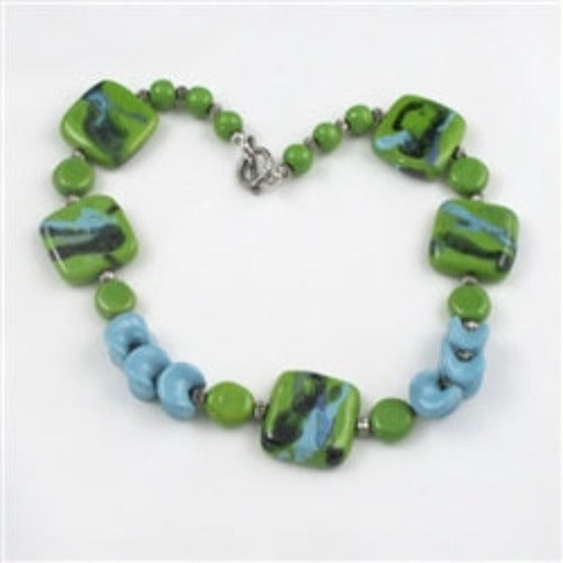 Handmade Kazuri Necklace in Green Apple and Matt Turquoise - VP's Jewelry