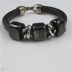 Black Leather Bracelet with Handmade Ceramic Accents in a Plus Size - VP's Jewelry 