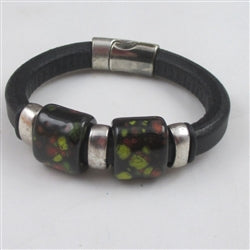 Black Leather Bracelet Red Black Handmade Ceramic Accents - VP's Jewelry 