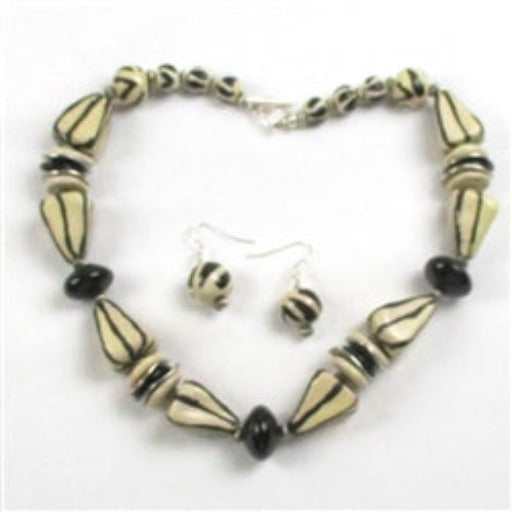 Cream & Black Kazuri Necklace & Earrings Chunky - VP's Jewelry