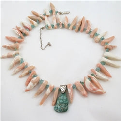 Buy big bold pink coral beads & turquoise pendant necklace