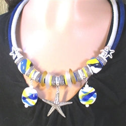 Seaside Kazuri & Sea Glass Necklace Blue & White Leather - VP's Jewelry 