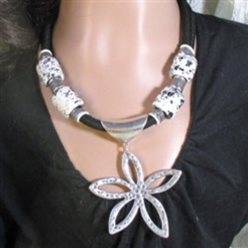Big Bold Black & White Statement Necklace with Flower Pendant - VP's Jewelry  