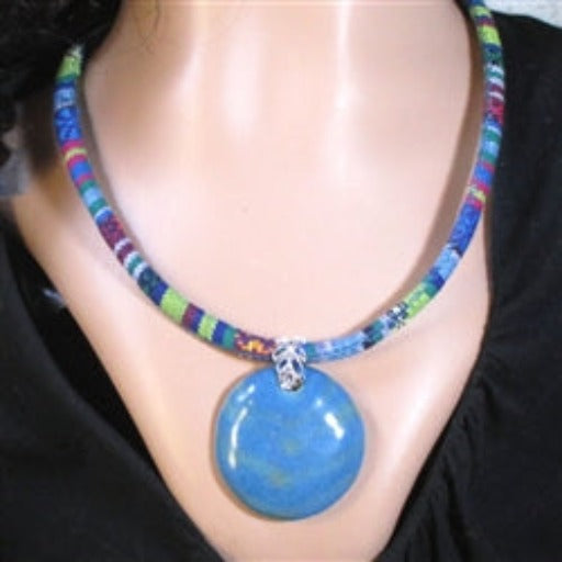 Handmade Blue and Green Kazuri Pendant Cotton Cord Necklace - VP's Jewelry