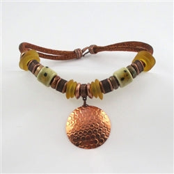 Big Bold Copper Pendant Necklace Metallic Cord Sea Glass Accents