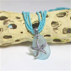 Aqua Sea Glass Pendant Multi-strand Necklace - VP's Jewelry