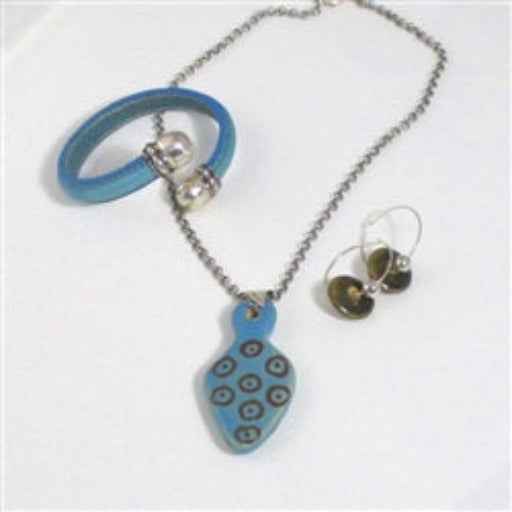 Turquoise Kazuri Pendant Necklace, Earring & Regaliz Bracelet - VP's Jewelry