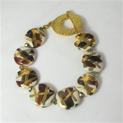 Handmade Kazuri Bracelet in Cream & Brown & Gold Fair Trade Beads - VP's Jewelry