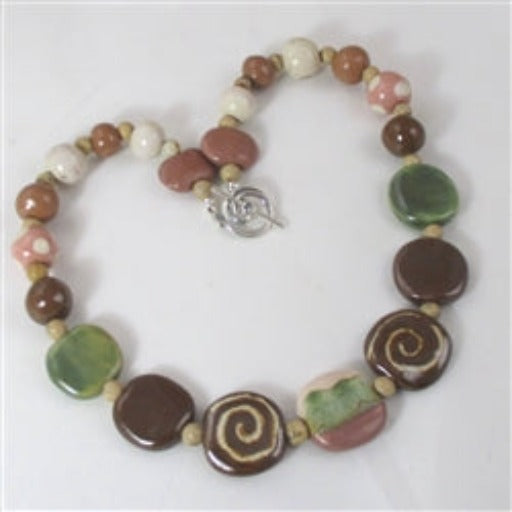 Brown & Green Handmade Fair Trade Bead Kazuri Necklace  - VP's Jewelry