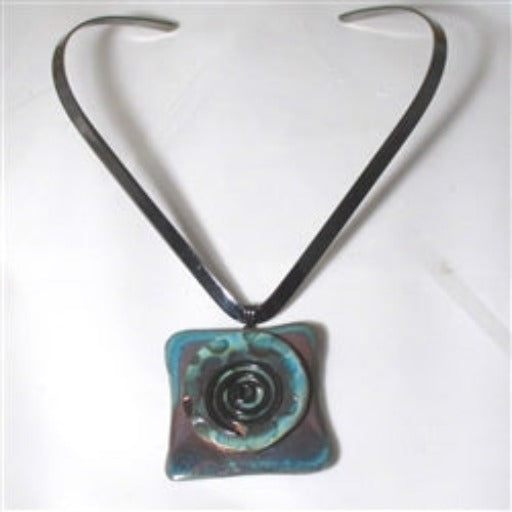 Gunmetal Choker with Handmade Aqua Wash Raku Glazed Pendant - VP's Jewelry