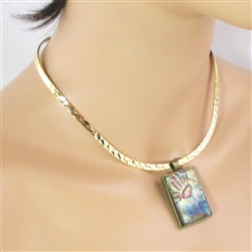 Gold & Blue Artisan Handmade Flower Pendant on Hammered Gold Choker - VP's Jewelry
