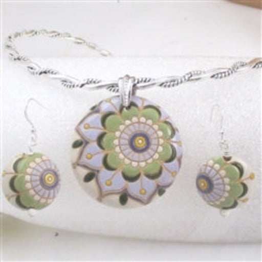 Silver Neck Wire with Handmade Retro Dahlia Ceramic Pendant & Earrings - VP's Jewelry