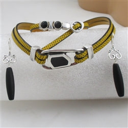 Designer Yellow Leather Choker & Bracelet & Black Sea Glass Earrings - VP's Jewelry 