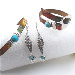 Turquoise Leather Ribbon Choker & Bracelet & Earrings Designer Set - VP's Jewelry