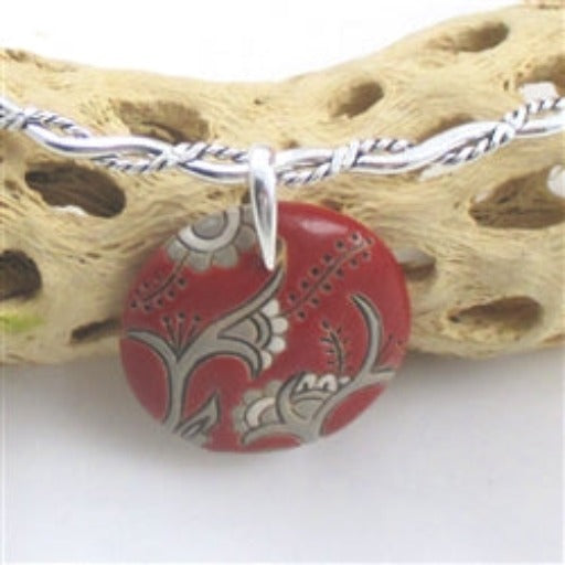 Handmade Red & Tan Large Floral Pendant on Twisted Silver Neck Wire - VP's Jewelry
