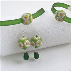 Green Ribbon Choker Bracelet Sun Flower Earrings Handmade Ultra-light  - VP's Jewelry