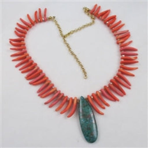 Handmade Pink Bead Necklace with Blue Green Gemstone Pendant - VP's Jewelry