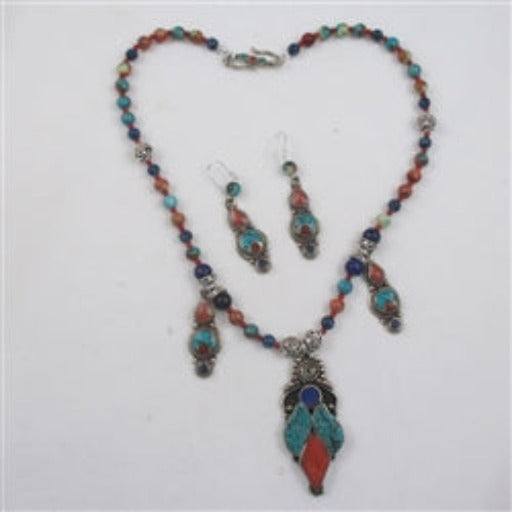 Boho Tibetan Turquoise Inlay Pendant Necklace & Earrings - VP's Jewelry