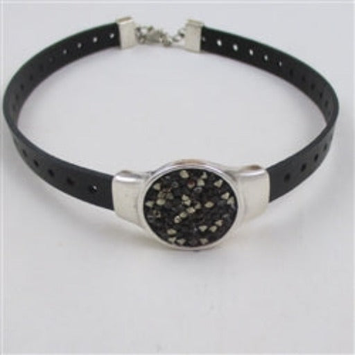 Designer Black Leather Ribbon Choker with Rock Crystal Accent - VP's Jewelry