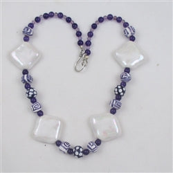Big Bold Statement Kazuri Necklace White & Purple - VP's Jewelry  