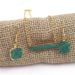 Emerald Green Druzy Bar Pendant on Gold Chain & Earrings - VP's Jewelry