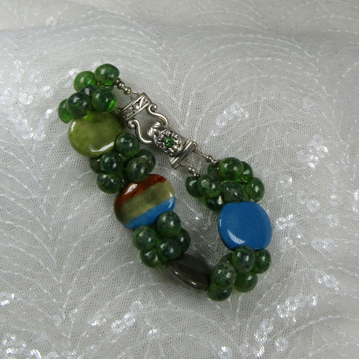 Handmade Kazuri Cuff Bangle Bracelet in Green & Blue African Beads - VP's Jewelry