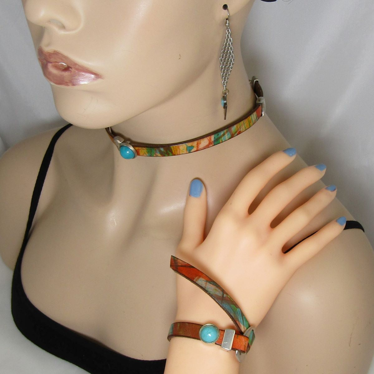 Turquoise Leather Ribbon Choker & Bracelet & Earrings Designer Set - VP's Jewelry