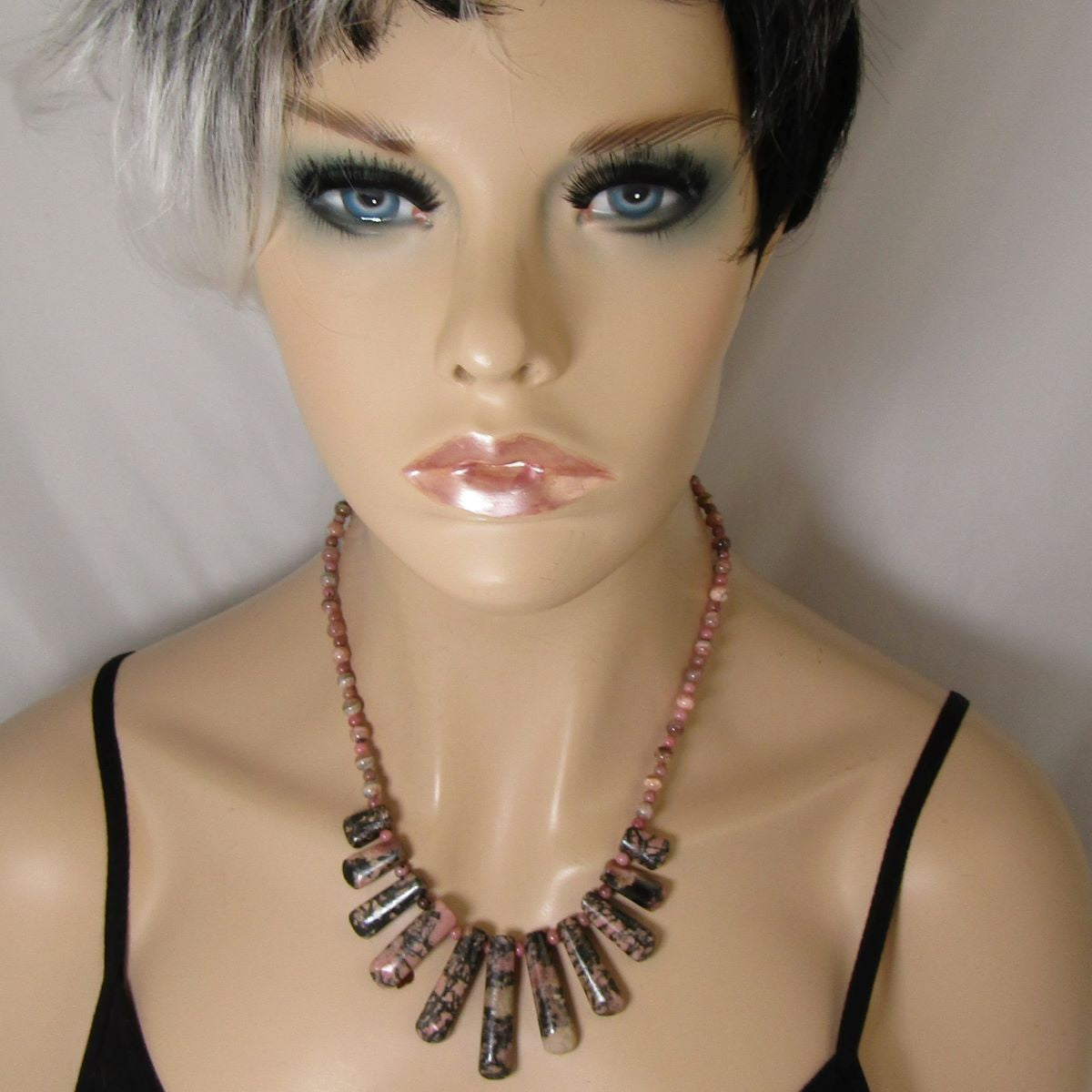 Designer Rodonite Gemstone Pink Bib Necklace - VP's Jewelry