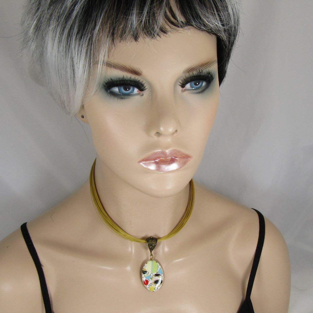 Ceramic Porcelain Oval Pendant on Multi Strand Necklace - VP's Jewelry