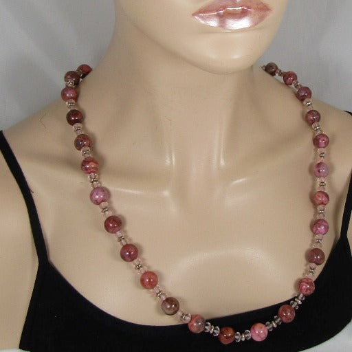 Pink Rhodonite and Pink Crystal Bead Necklace - VP's Jewelry 