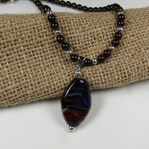 Garnet Necklace with Black Swirled with Garnet Lampwork Bead Pendant - VP's Jewelry 