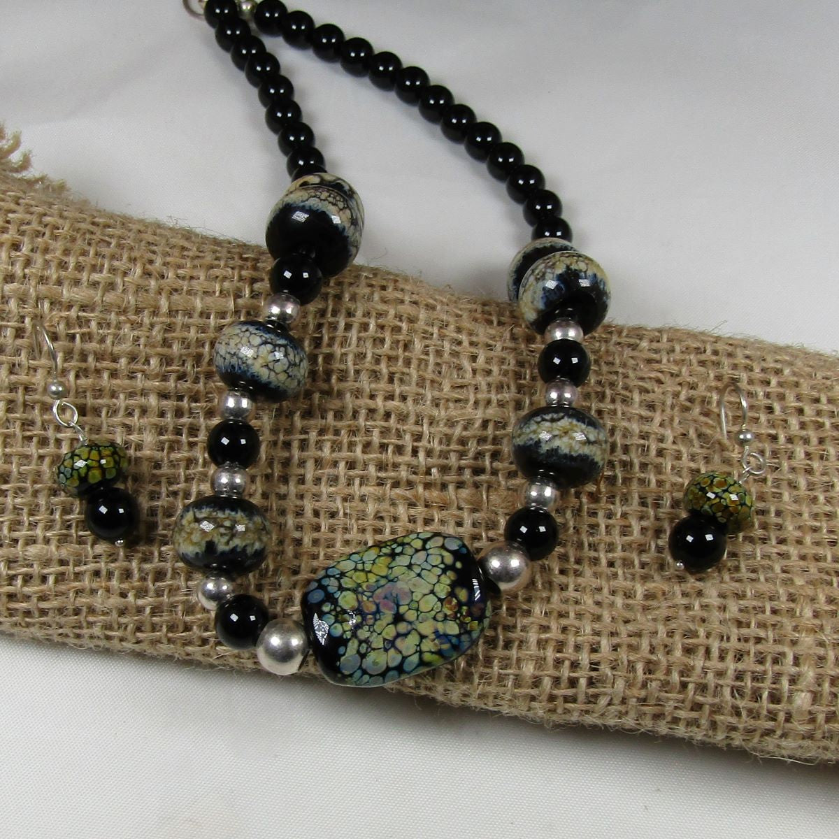 Handmade Black Artisan Lampwork and Onyx Necklace and Earrings - VP's Jewelry  