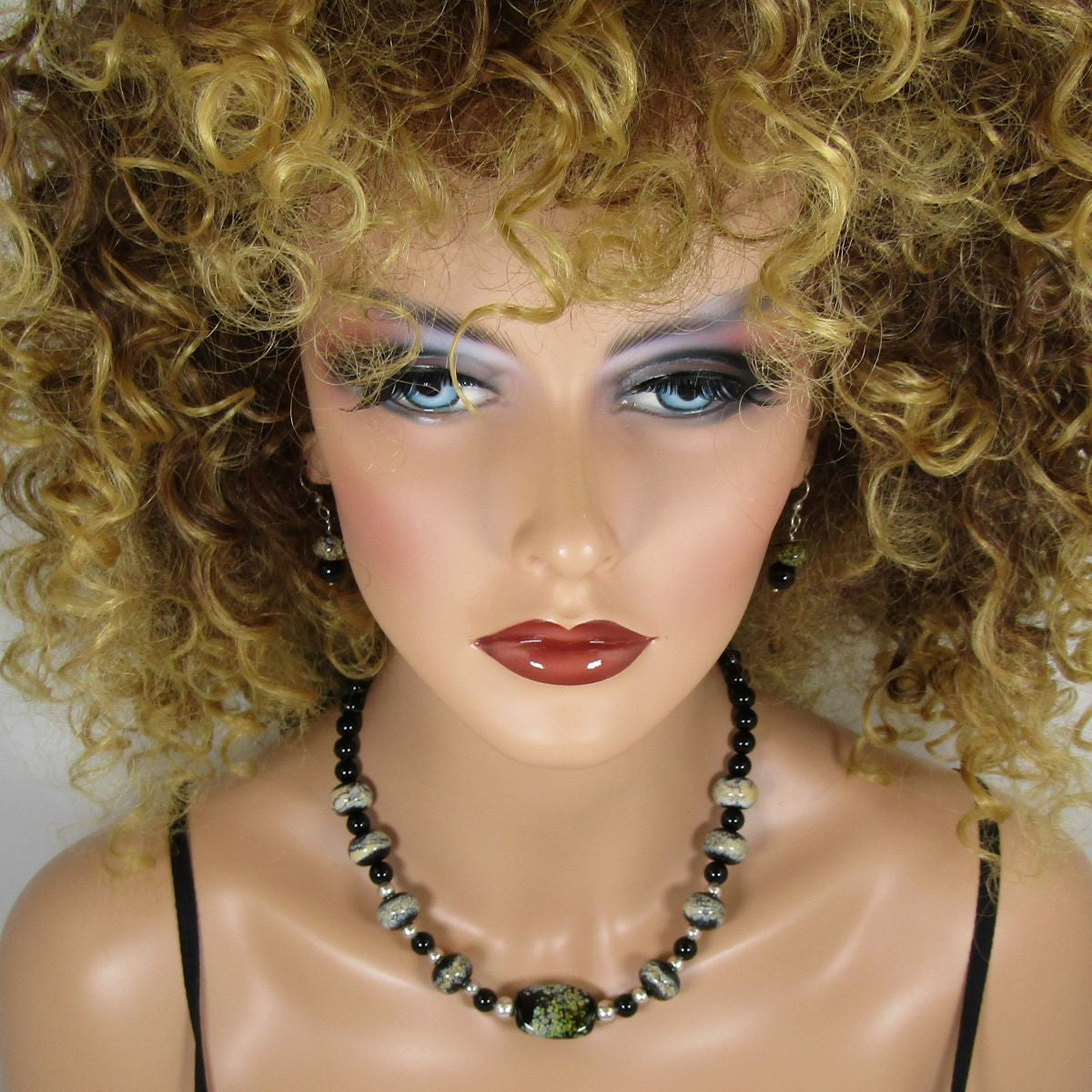 Handmade Black Artisan Lampwork and Onyx Necklace and Earrings - VP's Jewelry  