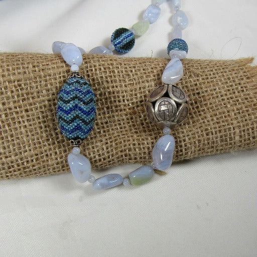 Unique Bead Necklace in Chalodony and Blue Seed Beads - VP's Jewelry
