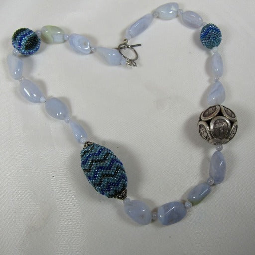 Unique Bead Necklace in Chalodony and Blue Seed Beads - VP's Jewelry