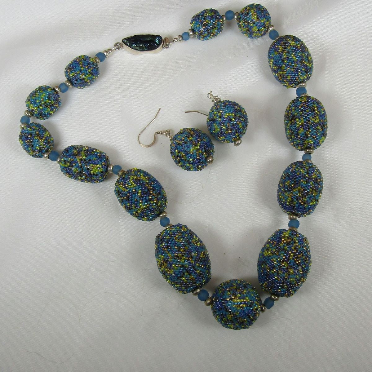 Handmade Beaded Bead Statement Necklace in Cream and Blue - VP's Jewelry  