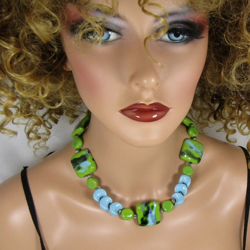Handmade Kazuri Necklace in Green Apple and Matt Turquoise - VP's Jewelry