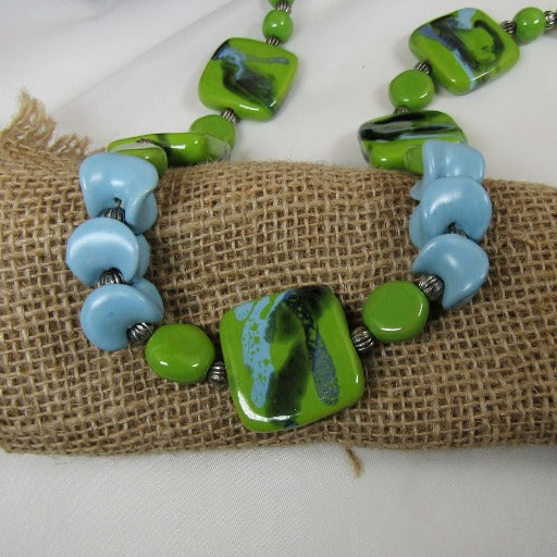 Handmade Kazuri Necklace in Green Apple and Matt Turquoise - VP's Jewelry