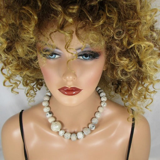 Silver and Rare Petrified Dinosaur Bone Bead Necklace