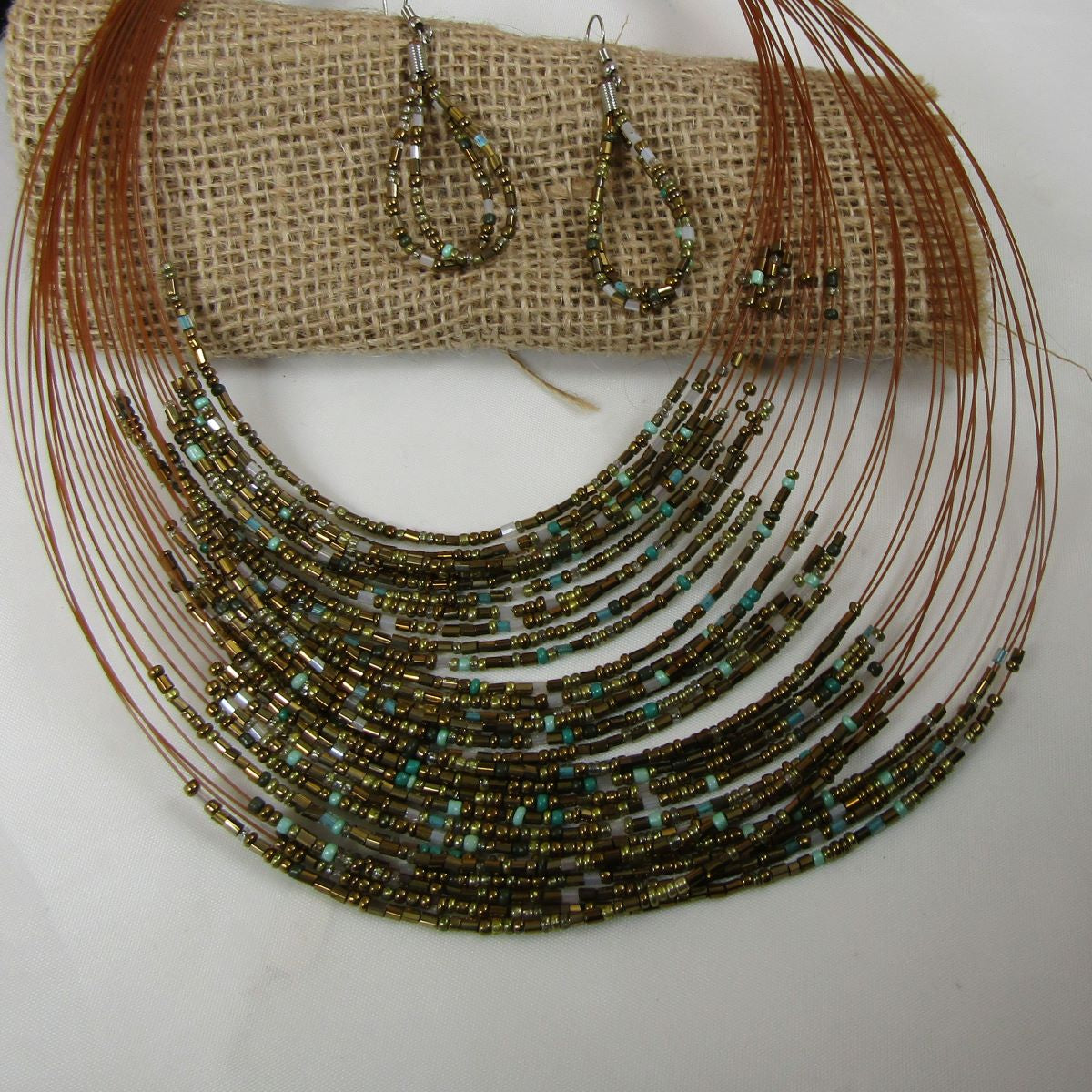 Gold Seed Bead Multi-strand Necklace and Earrings - VP's Jewelry
