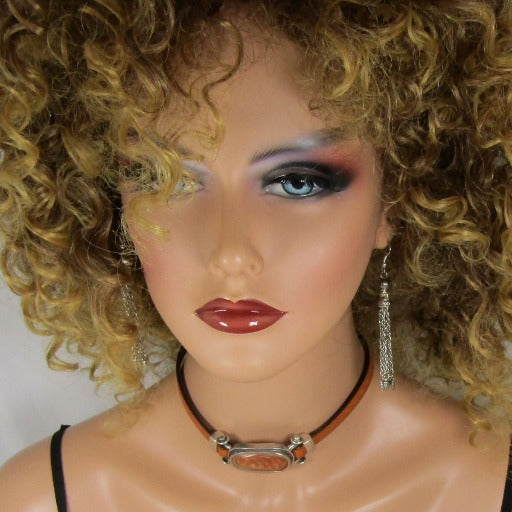 Amber Leather Ribbon Choker & Bracelet & Earrings Designer Set - VP's Jewelry