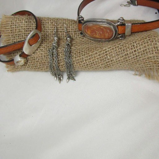 Amber Leather Ribbon Choker & Bracelet & Earrings Designer Set - VP's Jewelry
