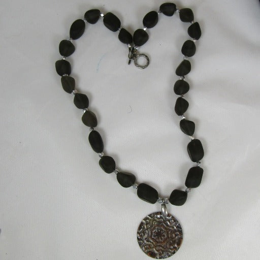 Black Sea Glass Bead Necklace with Handmade Copper Pendant - VP's Jewelry