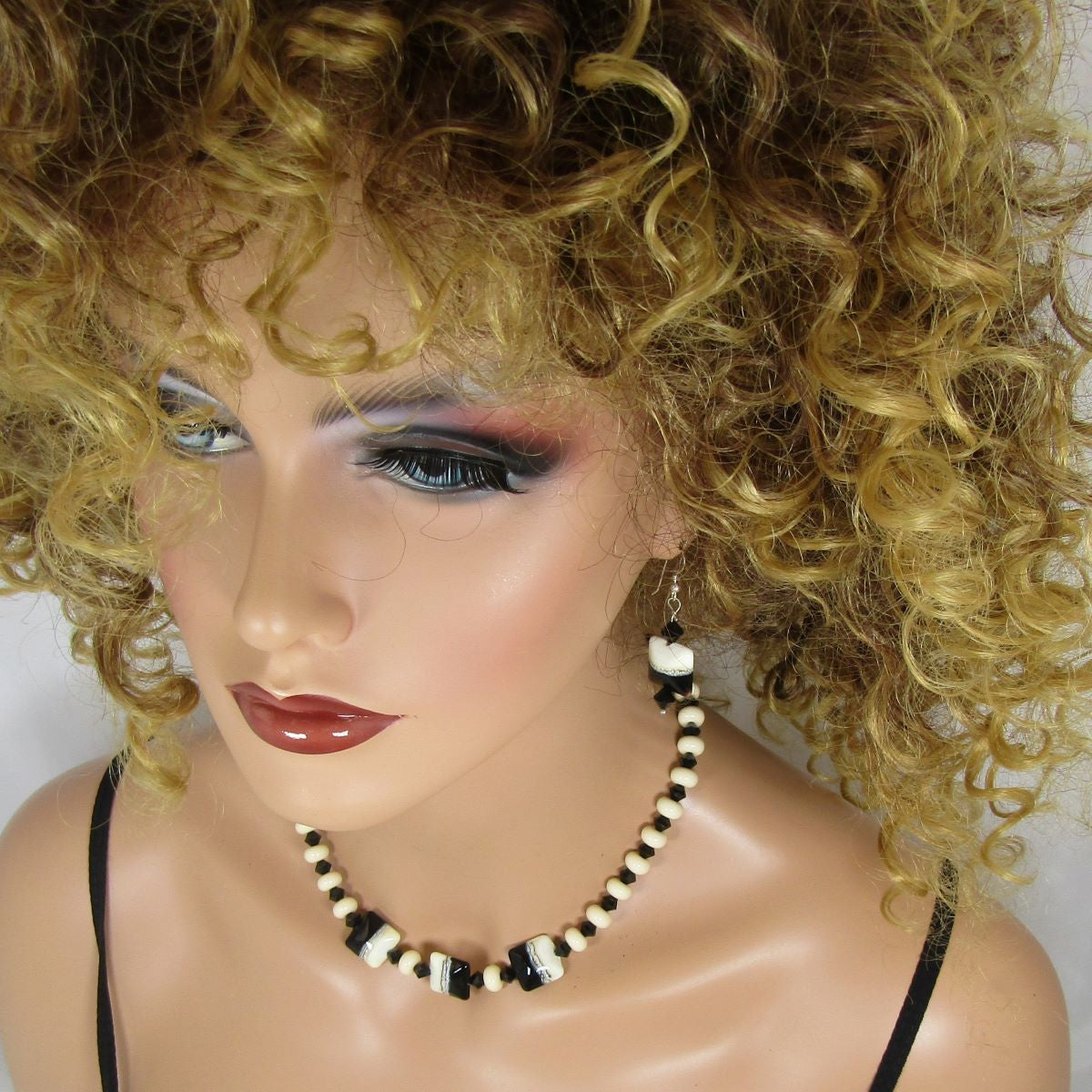 Black and Ivory Handmade Artisan Bead Necklace and Earrings - VP's Jewelry  
