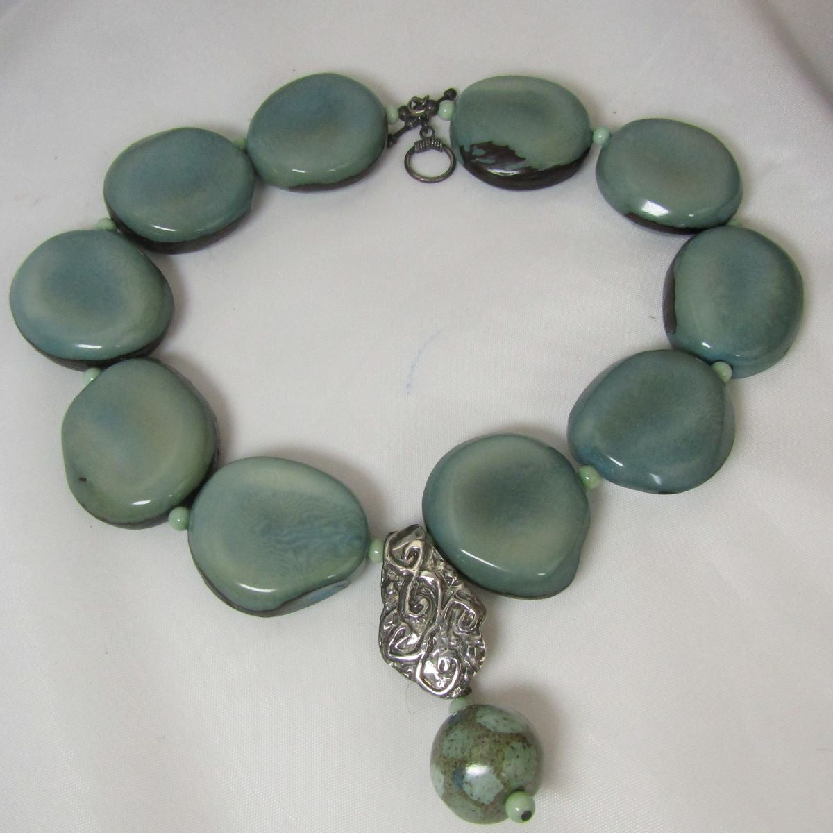 Aqua Tagua Nut Statement Neclace with Handmade Kazuri Pendant - VP's Jewelry 