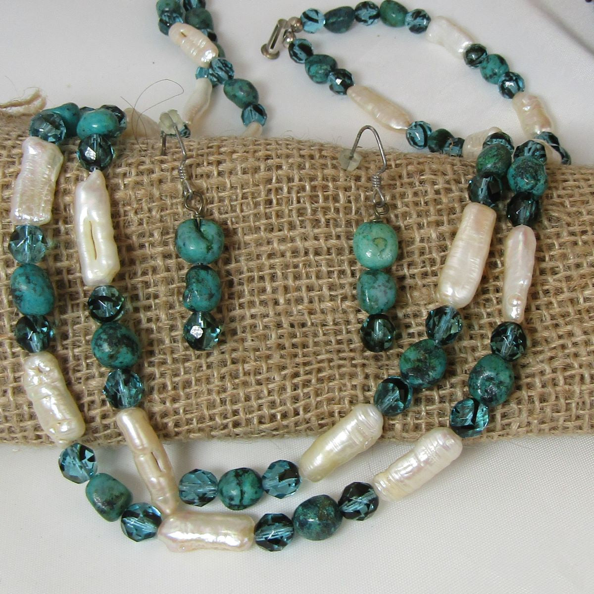 Stick Pearl and Turquoise Double Strand Necklace and Earrings - VP's Jewelry